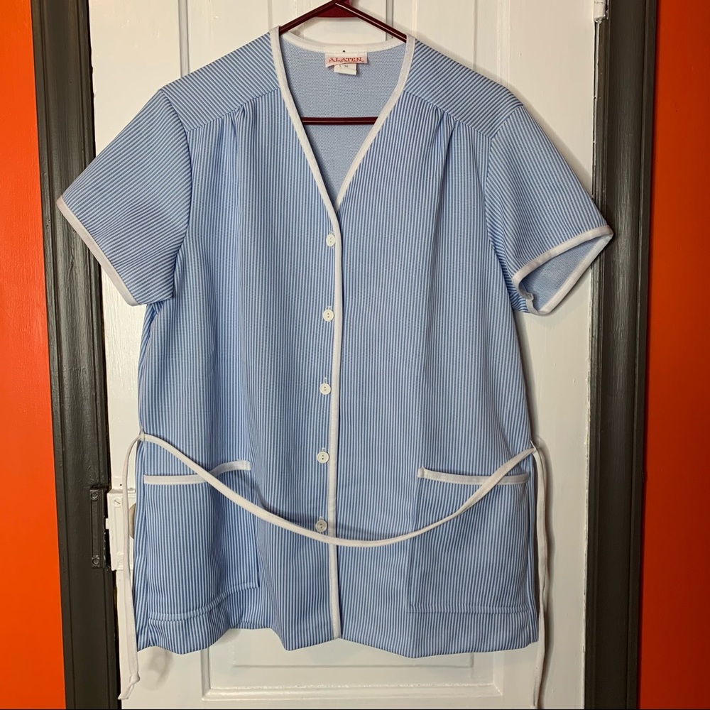 Alaten of New York Vintage Button Down 1960s Blue Striped Smock Blouse